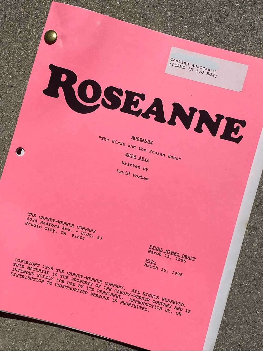 Roseanne Vtg 1995 Production Used Final Mimeo Draft Script Birds & Frozen Bees